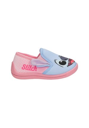 Chaussure enfant à enfiler rose et bleue avec visage de personnage, oreilles en tissu sur le côté et texte "Stitch" au talon.