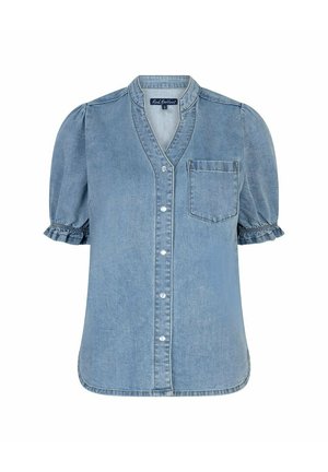 Lichtblauw denimblouse met korte mouwen, knopen aan de voorkant, een borstzak, opgeblazen mouwen en elastische ruches bij de manchetten.