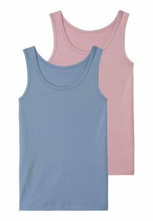 Two sleeveless tank tops: one in light blue and one in soft pink. Both are made of smooth fabric with rounded necklines and straight hems.