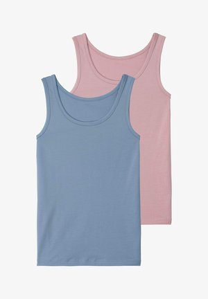 Two sleeveless tank tops: one in light blue and one in soft pink. Both are made of smooth fabric with rounded necklines and straight hems.