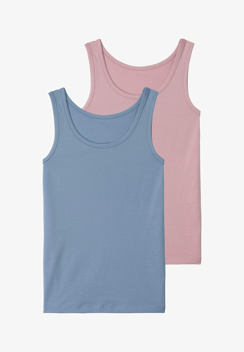 Two sleeveless tank tops: one in light blue and one in soft pink. Both are made of smooth fabric with rounded necklines and straight hems.