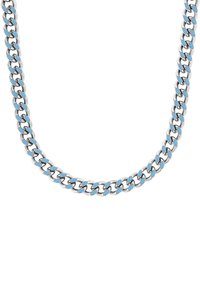 Collana in tonalità argento con maglie ovali intrecciate e accenti di smalto azzurro chiaro al centro. Texture liscia e lucida.
