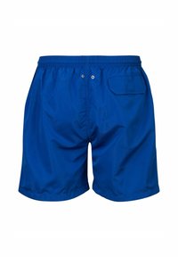 Blaue Schwimmshorts mit einem elastischen Bund, zwei hinteren Ösen und einer Klettverschluss-Tasche auf der rechten Seite. Glatter Stoff mit matter Oberfläche.
