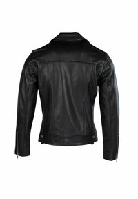 Jachetă de motociclist din piele neagră cu croială ajustată, cusături vizibile și manșete cu fermoar. Vedere din spate care evidențiază liniile curate și textura netedă.