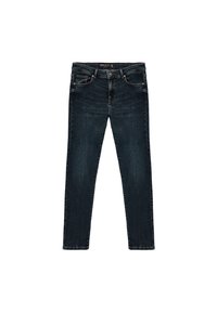 Slim-fit mörkblå denimjeans med fem fickor, dragkedja och kontrasterande sömmar. Slät textur, utan mönster eller dekorationer.