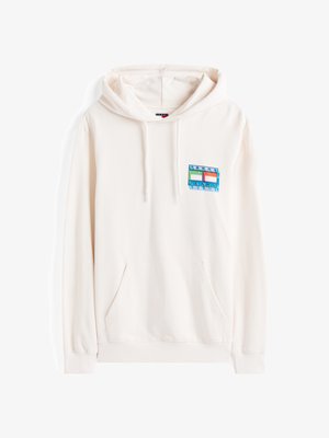 Krém színű kapucnis pulóver, puha anyagból készült, kenguruzsebbe és egy kék-zöld logófogatóval az egyik mellkasán.