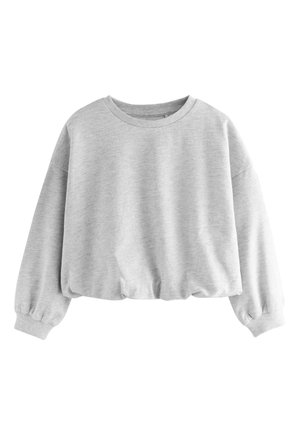 Lysegrå cropped sweatshirt med lange ærmer, ribstrikkede manchetter og kant samt rund halsudskæring, vist på en hvid baggrund.