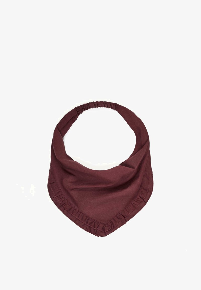 Écharpe de cou en tissu bordeaux doux avec devant triangulaire et bande élastique froncée pour un maintien sécurisé.