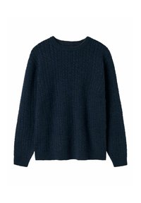 Suéter de punto azul marino con un patrón de cable texturizado, escote redondo y mangas largas. Fabricado con un material grueso y cálido.