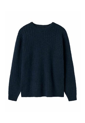 Marineblauer Strickpullover mit einem strukturierten Zopfmuster, Rundhalsausschnitt und langen Ärmeln. Aus dickem, warmem Material gefertigt.