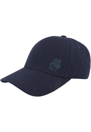 Marineblå baseballkasket med buet skygge og subtilt broderet logo af en mand med solbriller og hestehale på frontpanelet.