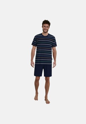 Marineblau gestreiftes T-Shirt mit kurzen Ärmeln und passenden marineblauen Shorts. Das Shirt hat horizontale Streifen in helleren Farben und eine lockere Passform.