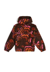 Pull en polaire marron avec capuche, présentant de grands motifs floraux en rose, orange et jaune. Comprend une patte de boutonnage partielle à l'avant.