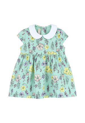 Vestido de bebé verde menta de manga corta con un cuello Peter Pan blanco y un patrón de estampado floral en amarillo, morado y rosa.