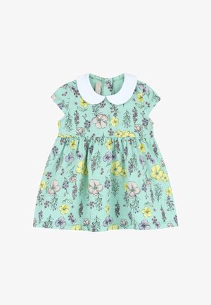 Robe bébé vert menthe à manches courtes avec un col Claudine blanc et un motif floral jaune, violet et rose.
