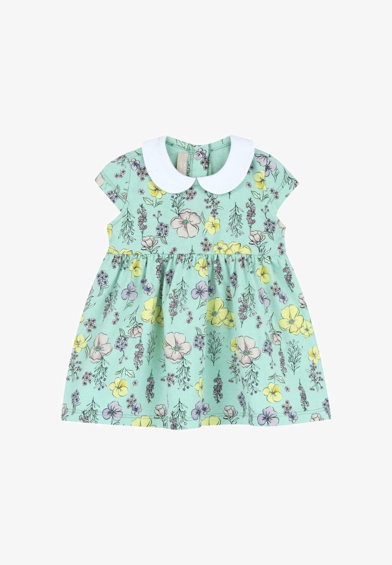 Robe bébé vert menthe à manches courtes avec un col Claudine blanc et un motif floral jaune, violet et rose.