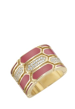 Wide gold ring with pink enamel segments and rows of small clear crystals in geometric pattern.