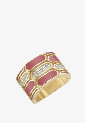 Weiter goldener Ring mit rosa Emailsegmenten und Reihen von kleinen klaren Kristallen in geometrischem Muster.