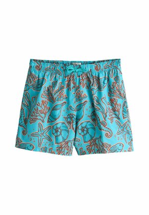 Turquoise zwemshorts met een oceaangebonden print van vissen, zeepaardjes en koraal, omlijnd met oranje. Elastische tailleband met trekkoord.