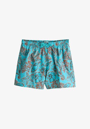 Turquoise zwemshorts met een oceaangebonden print van vissen, zeepaardjes en koraal, omlijnd met oranje. Elastische tailleband met trekkoord.