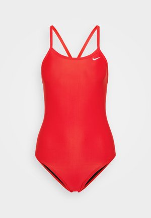 Red swimsuit with thin straps and a scoop neckline, made of smooth material. Features a discreet logo on the chest and a fitted design.