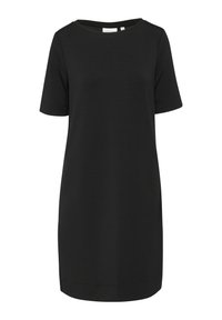 Robe noire à manches courtes en tissu doux, avec un col rond et une coupe droite, ornée d'un subtil logo au bas.