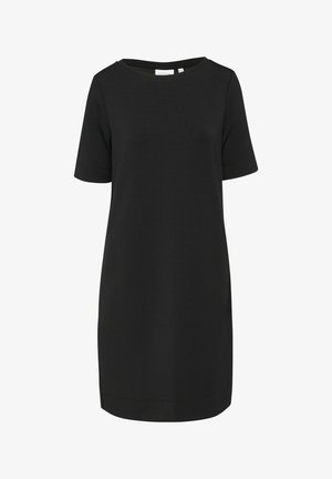 Abito nero a maniche corte realizzato in tessuto morbido, con scollatura rotonda e taglio dritto, caratterizzato da un sottile dettaglio del logo sull'orlo.