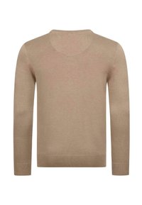 Beiger Pullover, Rundhalsausschnitt, lange Ärmel, glatte Textur, gerippte Bündchen und Saum, minimalistisches Design, keine Muster oder zusätzlichen Akzente.