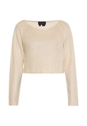 Pull surcroisé au crochet en beige clair avec une finition brillante, doté de manches longues et d'un col rond. Texture douce avec une coupe décontractée.