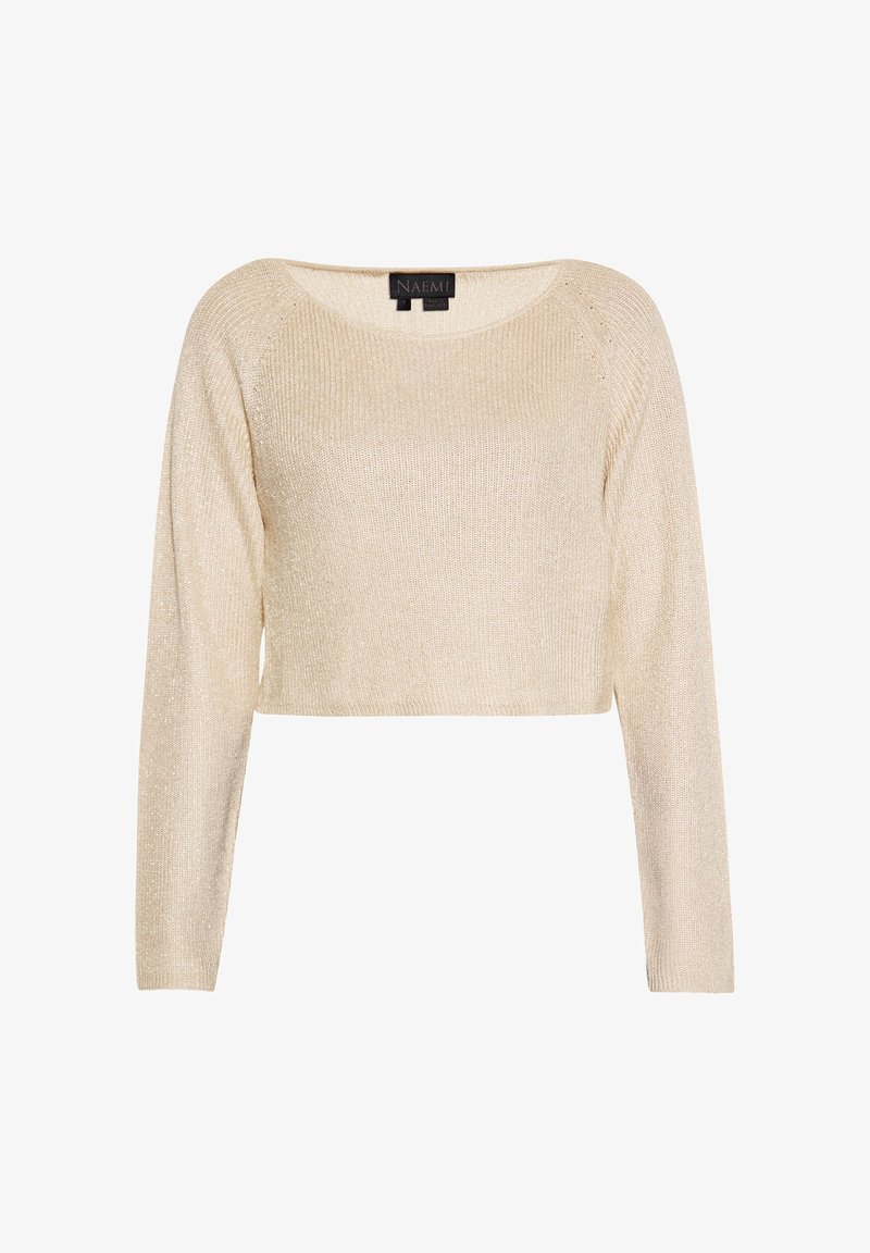 Gehäkelter, kurzer Pullover in hellbeige mit schimmerndem Finish, ausgestattet mit langen Ärmeln und einem runden Halsausschnitt. Weiche Textur mit lockerer Passform.