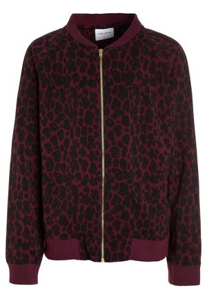 Veste bomber marron avec motif léopard noir, fermeture éclair dorée à l'avant, col, poignets et ourlet côtelés.