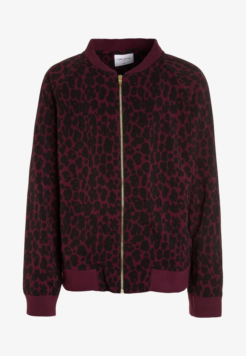 Veste bomber marron avec motif léopard noir, fermeture éclair dorée à l'avant, col, poignets et ourlet côtelés.