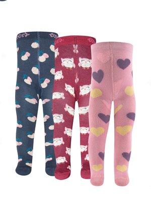 Three pairs of children's tights with patterns: navy blue with cherries, red with white owls, and pink with multicolored hearts.