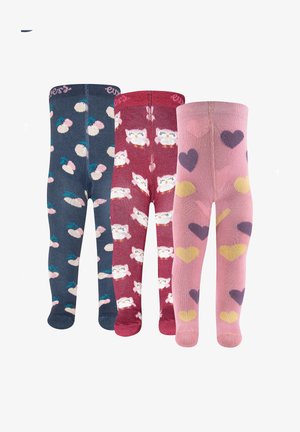 Three pairs of children's tights with patterns: navy blue with cherries, red with white owls, and pink with multicolored hearts.