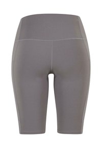 Graue Sportshorts mit hohem Bund, aus dehnfähigem Material. Glatte Textur mit verstärkten Nähten und ohne sichtbare Muster.