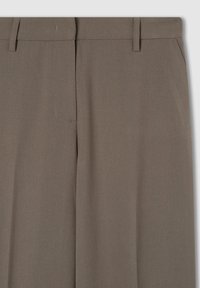 Pantaloni di un marrone tenue, realizzati in un tessuto liscio e leggero. Presentano una parte frontale piatta, cuciture sottili e una vita standard.