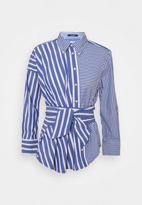 Blauw-wit gestreepte blouse met lange mouwen, getailleerd ontwerp, kraag, knopen aan de voorkant en een geknoopte strik in de taille voor vormgeving.