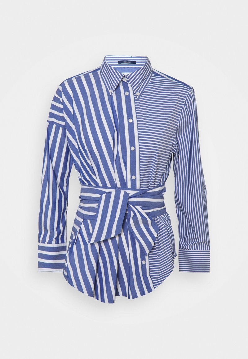 Blauw-wit gestreepte blouse met lange mouwen, getailleerd ontwerp, kraag, knopen aan de voorkant en een geknoopte strik in de taille voor vormgeving.