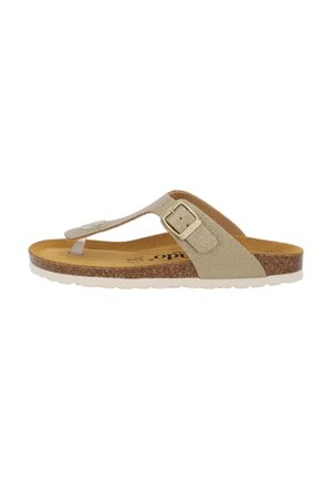 Beige thong sandal with adjustable strap, cork footbed, and white rubber sole shown from the side on white background.
