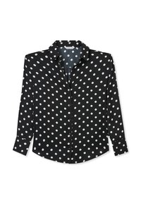 Maglietta nera a maniche lunghe con pois bianchi, chiusura con bottoni davanti, colletto a punta, orlo leggermente arrotondato e tessuto morbido.