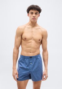 Νεαρός άνδρας με σγουρά μαλλιά, φορώντας μπλε και λευκά κάθετα ριγέ μποξέρ, στέκεται μπ ροστά σε ένα απλό ανοιχτόχρωμο φόντο.