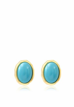 Boucles d'oreilles ovales turquoises avec sertissage en or, surfaces lisses et polies, affichées côte à côte sur un fond blanc.
