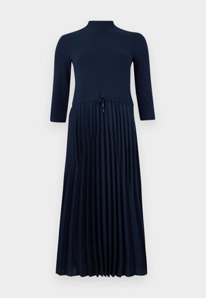 Navy blue pleated dress with a fitted ribbed top, half sleeves, and a drawstring waist for adjustable fit. Soft fabric with a smooth texture.