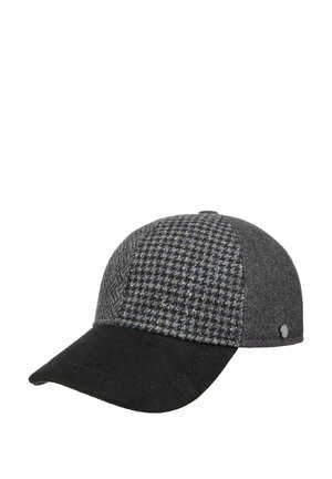 Baseballkappe mit schwarzem Wildlederschirm und grauer Patchwork-Krone mit Fischgrät- und Hahnentrittmuster.