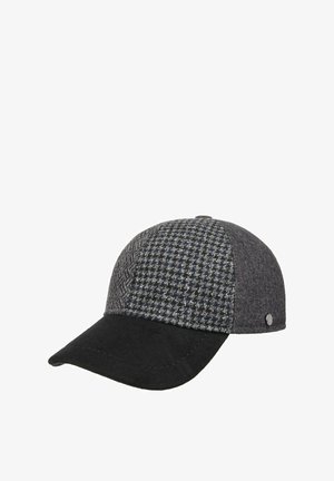 Baseball cap with a black suede brim and a grey patchwork crown featuring herringbone and houndstooth patterns.