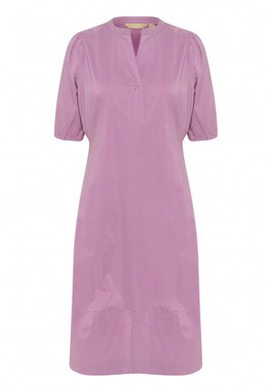 Lilafarbendes Kleid mit rundem Ausschnitt, kurzen Puffärmeln, einer geknöpften Leiste und gerader Schnittführung. Hergestellt aus glattem, leichtem Stoff.