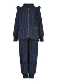 Navy-gequerte Zweiteiler mit Rüschenschulterakzenten, hohem Kragen und elastischen Bündchen. Verfügt über kontrastierende silberne Paspelierung an der Jacke.