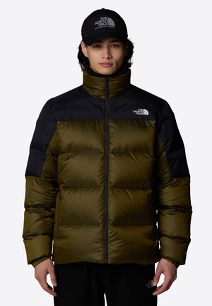 Pufferjack met een groen en zwart kleurenschema, voorzien van een hoge kraag, ritssluiting en het North Face-logo op de borst.
