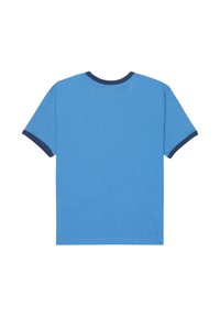 Tričko s krátkym rukávom z jasne modrej bavlny, s námornícky modrým okrúhlym výstrihom a lemami rukávov. Hladká textúra, štandardný strih.