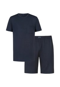 T-shirt in cotone blu navy a maniche corte con taschino sul petto abbinata a pantaloncini coordinati con cintura elasticizzata. Tessuto morbido, design casual.